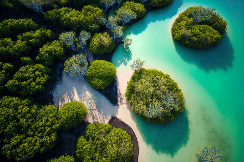 Mangroves in Senegal. Mangrove forest from above at Senegal's Saloum Delta National Park, Joal Fadiout. Drone taken aerial photo. African Natural Scenery. Generative AI